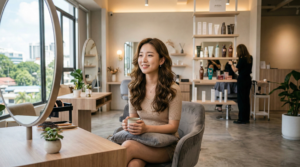 Korean hair salon Johor Bahru interior with Asian woman getting Korean wave perm 2026